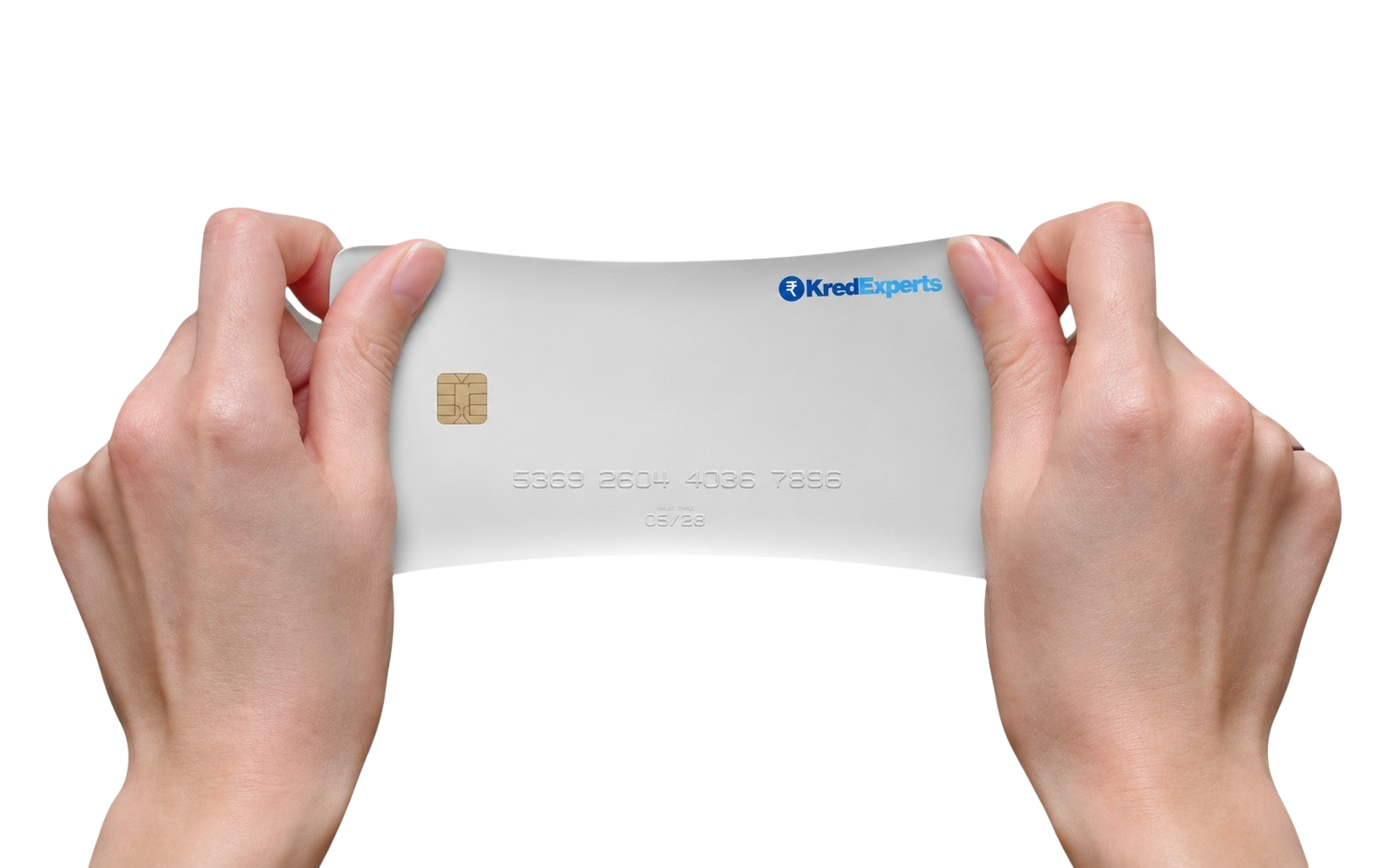 Hands flexing a KredExperts-branded card, illustrating a lender-ready profile